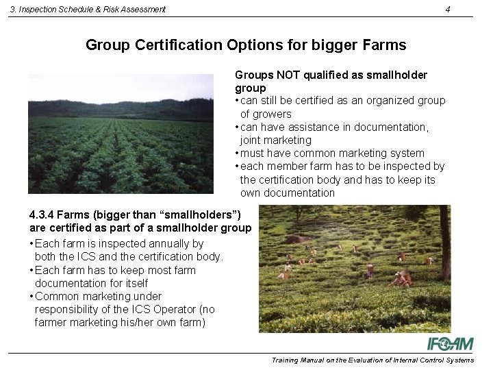 3. Inspection Schedule & Risk Assessment 4 Group Certification Options for bigger Farms Groups 3. Inspection Schedule & Risk Assessment 4 Group Certification Options for bigger Farms Groups