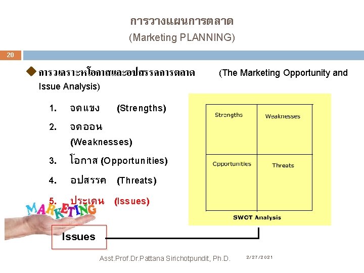 การวางแผนการตลาด (Marketing PLANNING) 20 u การวเคราะหโอกาสและอปสรรคการตลาด (The Marketing Opportunity and Issue Analysis) 1. จดแขง