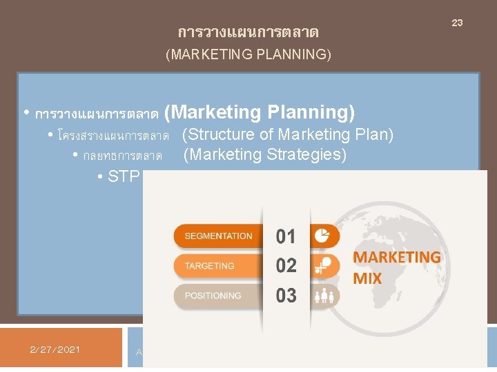 การวางแผนการตลาด (MARKETING PLANNING) • การวางแผนการตลาด (Marketing Planning) • โครงสรางแผนการตลาด (Structure of Marketing Plan) •