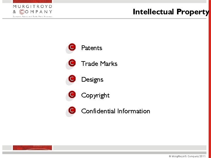 Intellectual Property Patents Trade Marks Designs Copyright Confidential Information © Murgitroyd & Company 2011 Intellectual Property Patents Trade Marks Designs Copyright Confidential Information © Murgitroyd & Company 2011