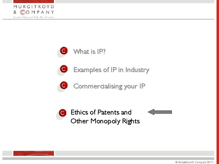 What is IP? Examples of IP in Industry Commercialising your IP Ethics of Patents What is IP? Examples of IP in Industry Commercialising your IP Ethics of Patents