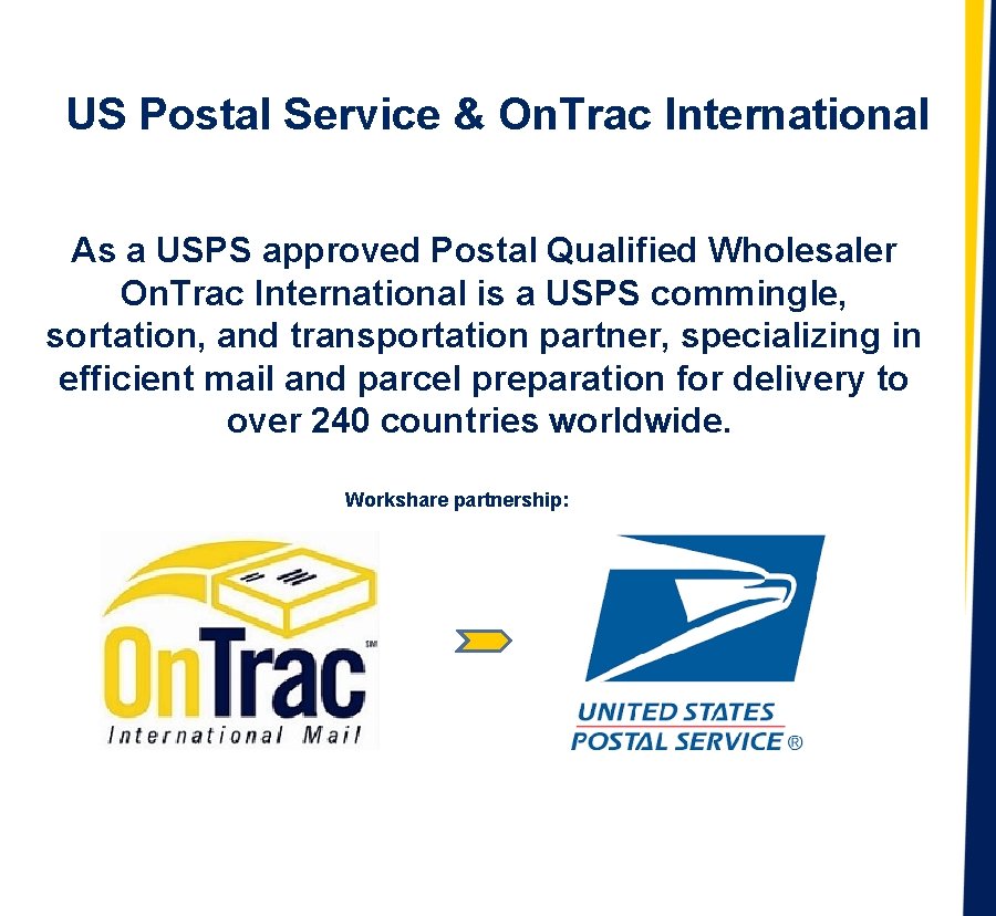 US Postal Service & On. Trac International As a USPS approved Postal Qualified Wholesaler