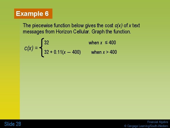 Example 6 The piecewise function below gives the cost c(x) of x text messages