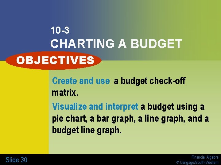 10 -3 CHARTING A BUDGET OBJECTIVES Create and use a budget check-off matrix. Visualize