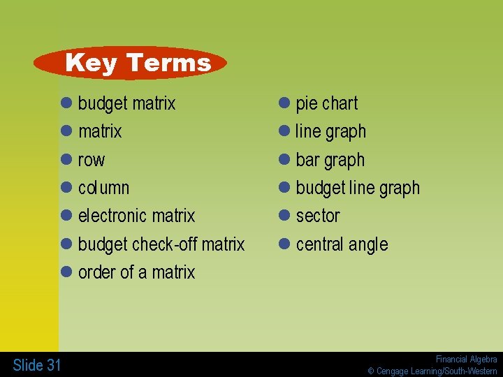 Key Terms l budget matrix l row l column l electronic matrix l budget