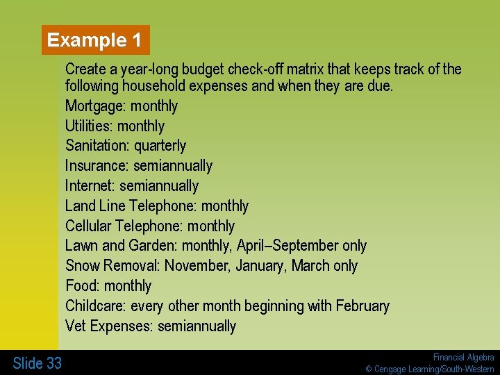 Example 1 Create a year-long budget check-off matrix that keeps track of the following