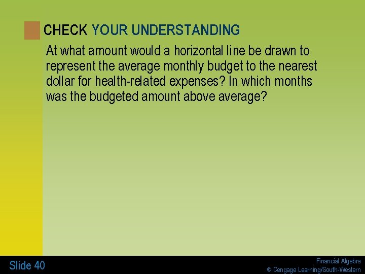 CHECK YOUR UNDERSTANDING At what amount would a horizontal line be drawn to represent
