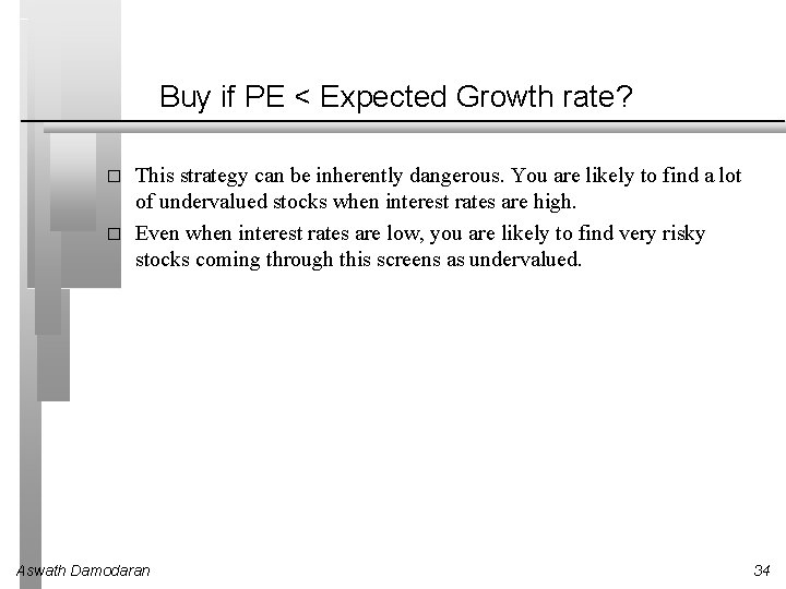 Buy if PE < Expected Growth rate? � � This strategy can be inherently