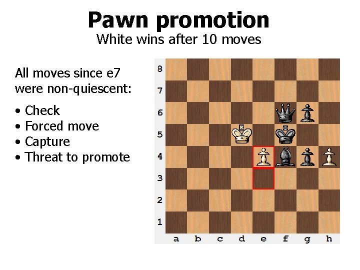 Pawn promotion White wins after 10 moves All moves since e 7 were non-quiescent: