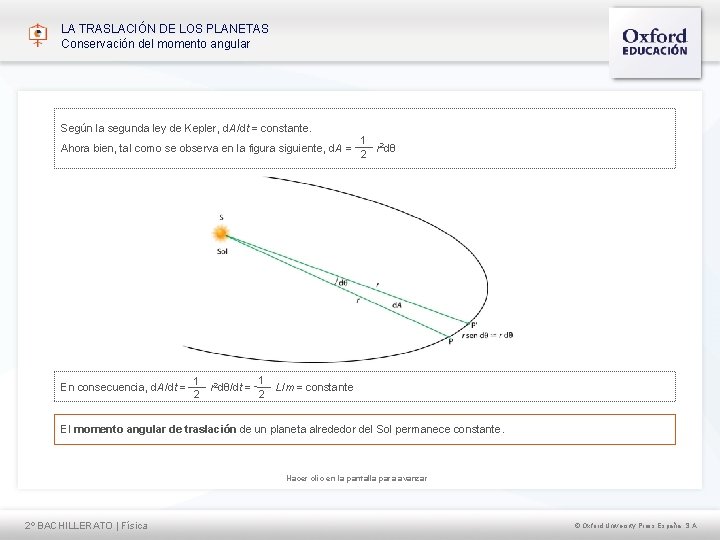 LA TRASLACIÓN DE LOS PLANETAS Conservación del momento angular Según la segunda ley de