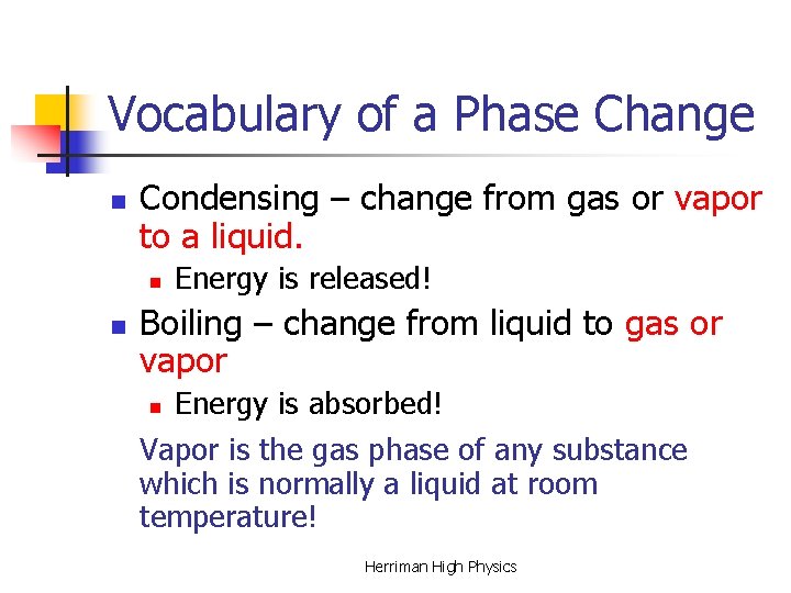 Vocabulary of a Phase Change n Condensing – change from gas or vapor to Vocabulary of a Phase Change n Condensing – change from gas or vapor to