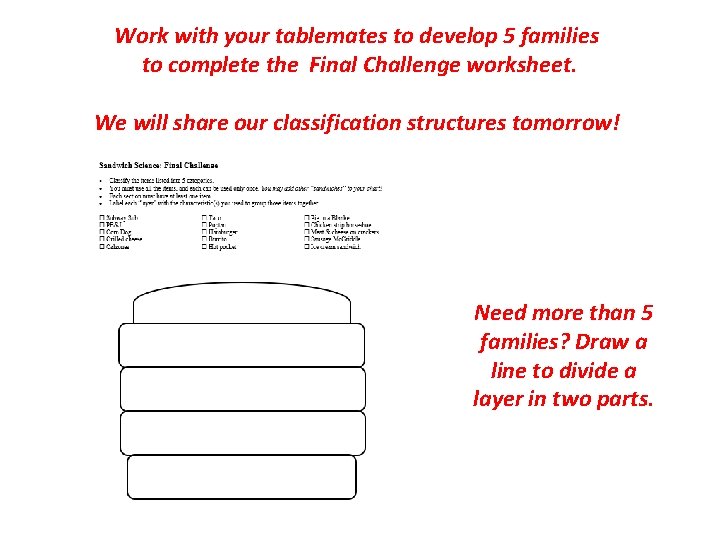 Work with your tablemates to develop 5 families to complete the Final Challenge worksheet.