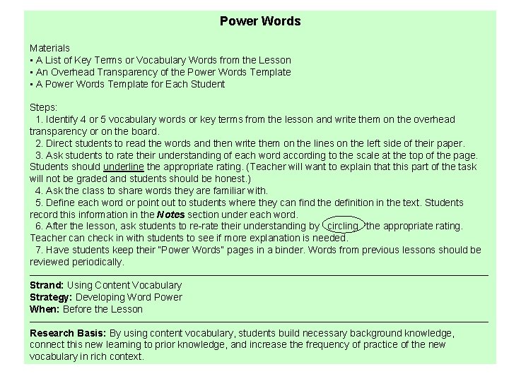 Power Words Materials • A List of Key Terms or Vocabulary Words from the