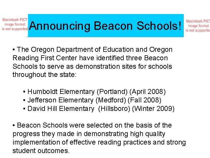 Announcing Beacon Schools! • The Oregon Department of Education and Oregon Reading First Center