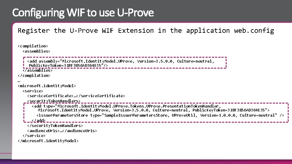 Register the U-Prove WIF Extension in the application web. config <compilation> <assemblies> … <add