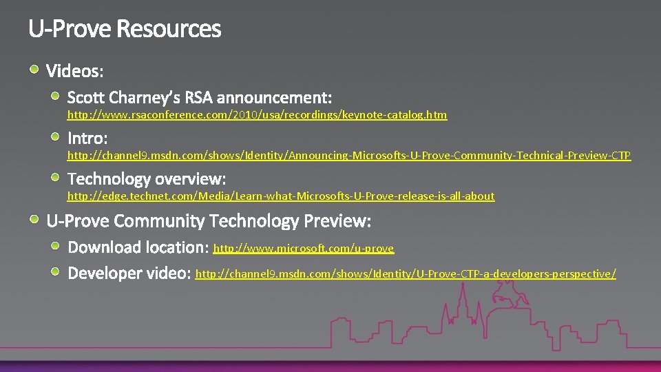 http: //www. rsaconference. com/2010/usa/recordings/keynote-catalog. htm http: //channel 9. msdn. com/shows/Identity/Announcing-Microsofts-U-Prove-Community-Technical-Preview-CTP http: //edge. technet. com/Media/Learn-what-Microsofts-U-Prove-release-is-all-about