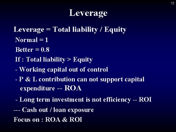 15 Leverage = Total liability / Equity Normal = 1 Better = 0. 8