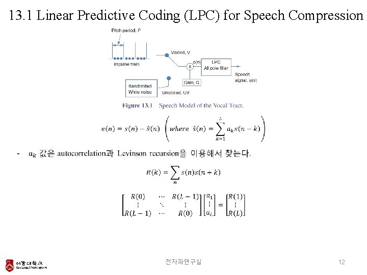 13. 1 Linear Predictive Coding (LPC) for Speech Compression 전자파연구실 12 
