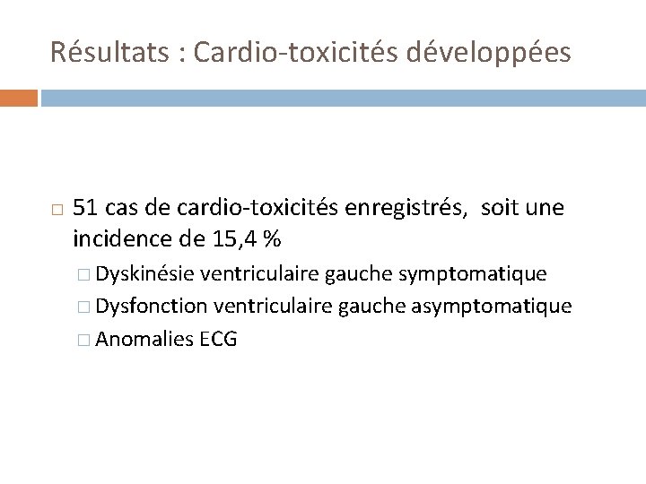 Résultats : Cardio-toxicités développées � 51 cas de cardio-toxicités enregistrés, soit une incidence de