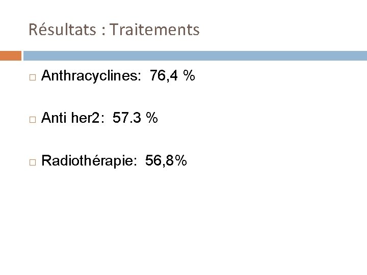 Résultats : Traitements Anthracyclines: 76, 4 % � Anti her 2: 57. 3 %