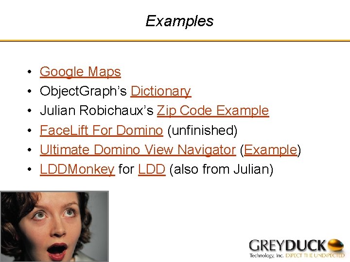 Examples • • • Google Maps Object. Graph’s Dictionary Julian Robichaux’s Zip Code Example