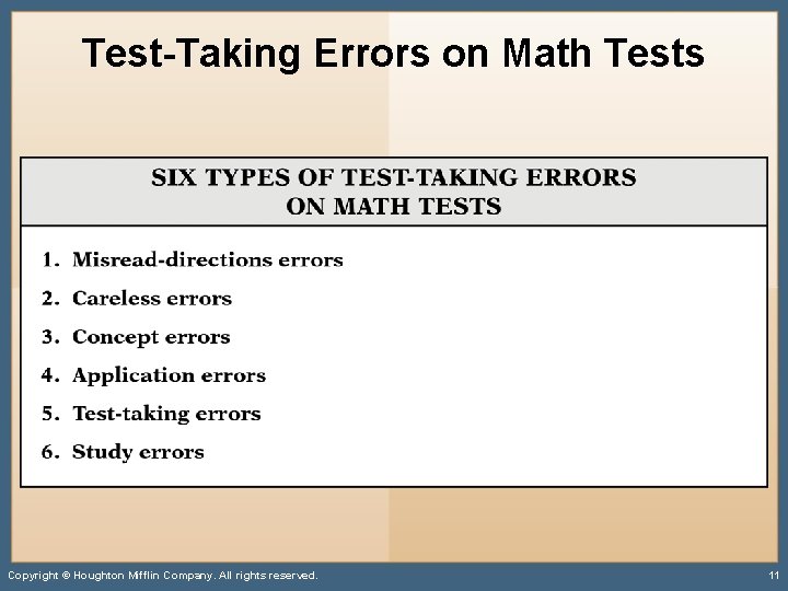 Test-Taking Errors on Math Tests Copyright © Houghton Mifflin Company. All rights reserved. 11