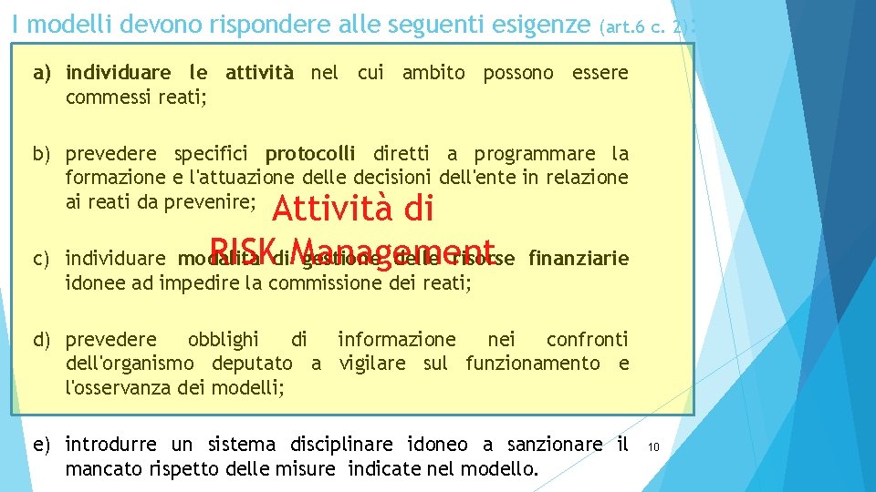 I modelli devono rispondere alle seguenti esigenze (art. 6 c. 2): a) individuare le