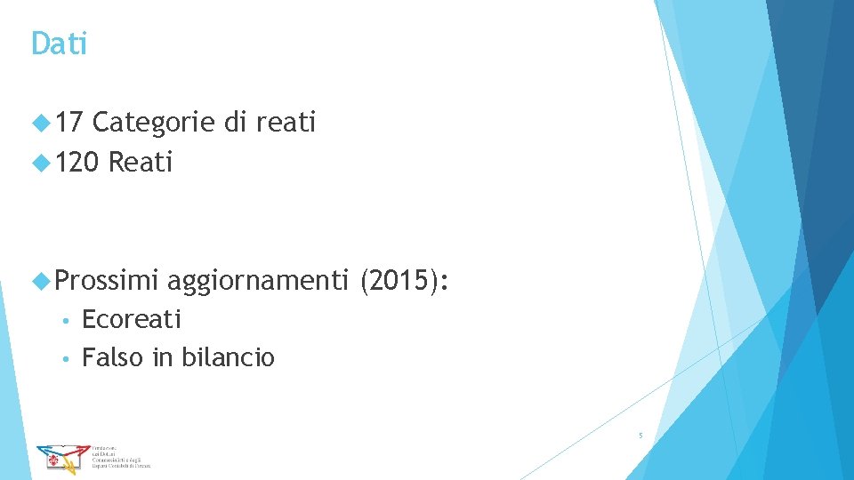 Dati 17 Categorie di reati 120 Reati Prossimi aggiornamenti (2015): Ecoreati • Falso in