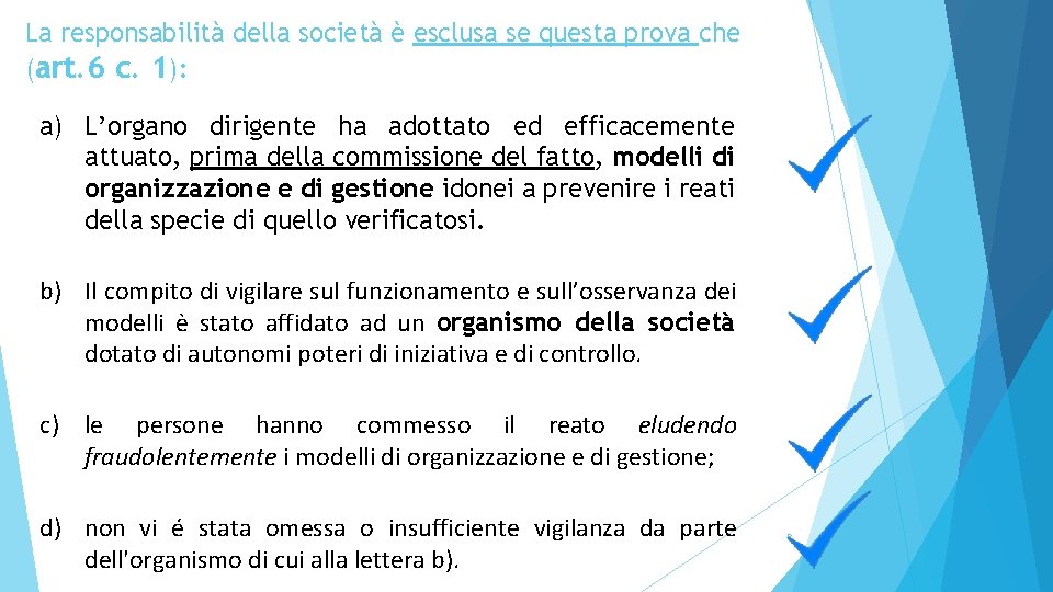 La responsabilità della società è esclusa se questa prova che (art. 6 c. 1):