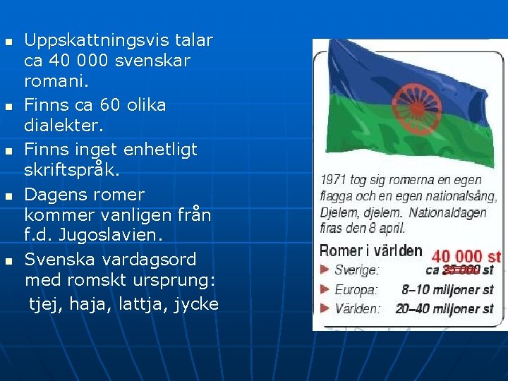 n n n Uppskattningsvis talar ca 40 000 svenskar romani. Finns ca 60 olika