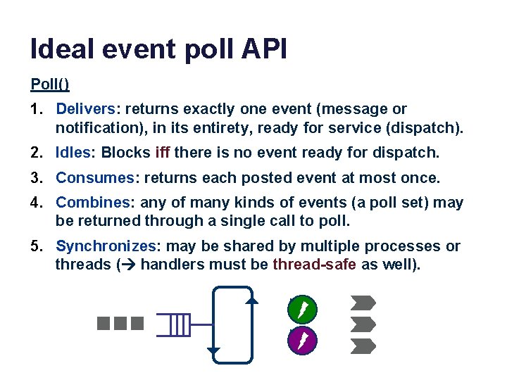 Ideal event poll API Poll() 1. Delivers: returns exactly one event (message or notification),