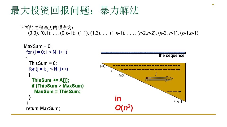 最大投资回报问题：暴力解法 下面的过程遍历的顺序为： (0, 0), (0, 1), …, (0, n-1); (1, 1), (1, 2), …,