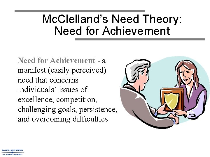 Mc. Clelland’s Need Theory: Need for Achievement - a manifest (easily perceived) need that