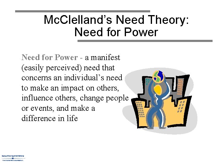 Mc. Clelland’s Need Theory: Need for Power - a manifest (easily perceived) need that