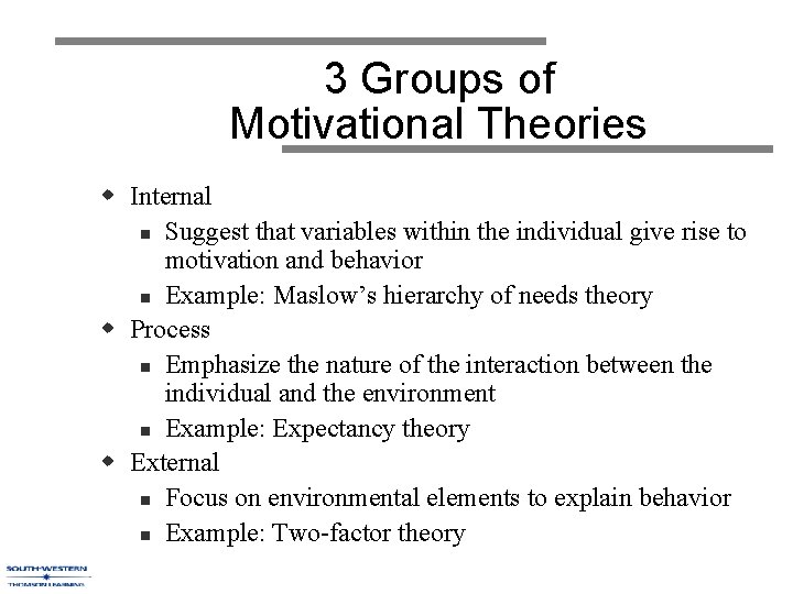 3 Groups of Motivational Theories w Internal n Suggest that variables within the individual