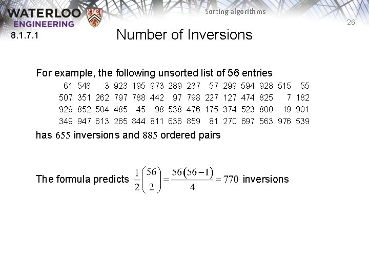 Sorting algorithms 26 Number of Inversions 8. 1. 7. 1 For example, the following