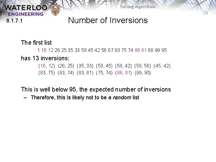 Sorting algorithms 28 Number of Inversions 8. 1. 7. 1 The first list 1