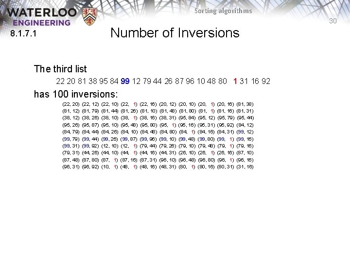 Sorting algorithms 30 Number of Inversions 8. 1. 7. 1 The third list 22