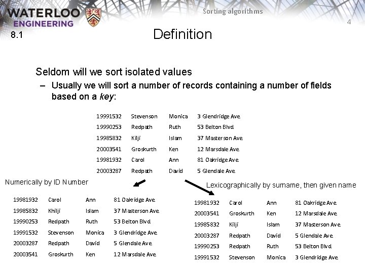 Sorting algorithms 4 Definition 8. 1 Seldom will we sort isolated values – Usually