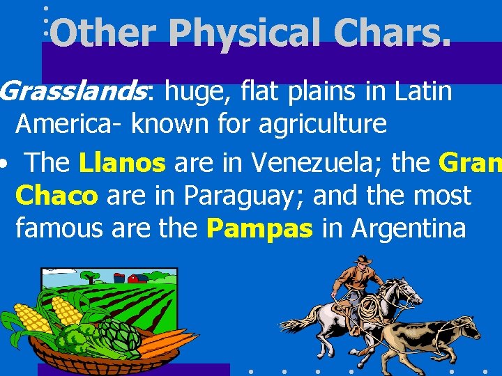 Other Physical Chars. Grasslands: huge, flat plains in Latin America- known for agriculture •