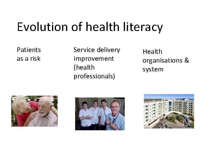 Evolution of health literacy Patients as a risk Service delivery improvement (health professionals) Health