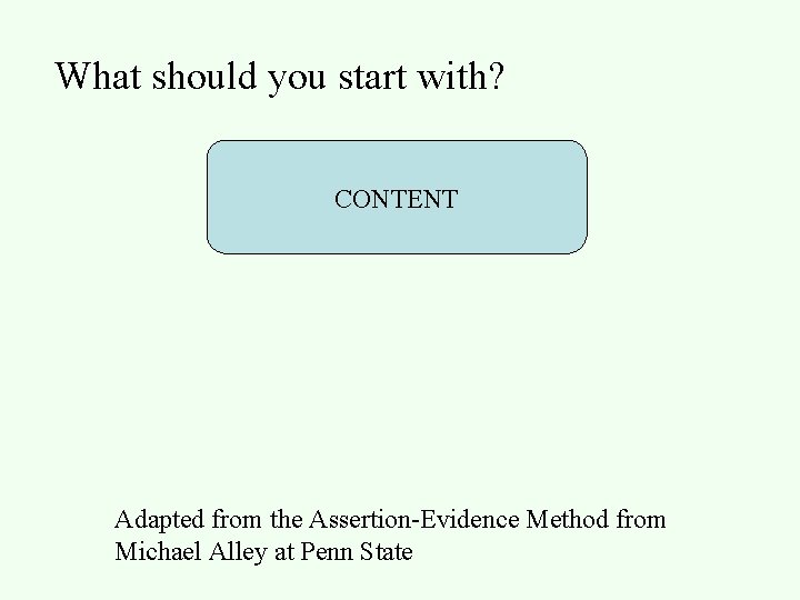 What should you start with? CONTENT Adapted from the Assertion-Evidence Method from Michael Alley