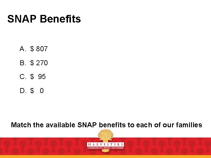 SNAP Benefits A. $ 807 B. $ 270 C. $ 95 D. $ 0