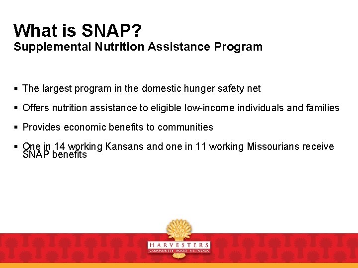 What is SNAP? Supplemental Nutrition Assistance Program § The largest program in the domestic