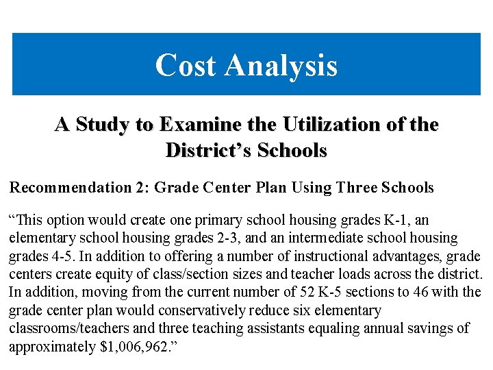 Cost Analysis A Study to Examine the Utilization of the District’s Schools Recommendation 2: