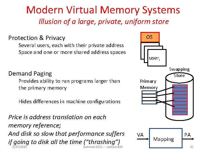 Modern Virtual Memory Systems Illusion of a large, private, uniform store OS Protection &