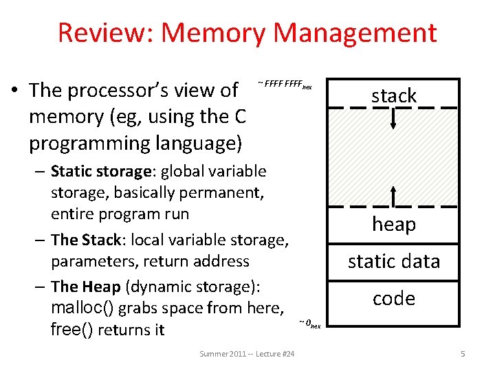 Review: Memory Management • The processor’s view of memory (eg, using the C programming