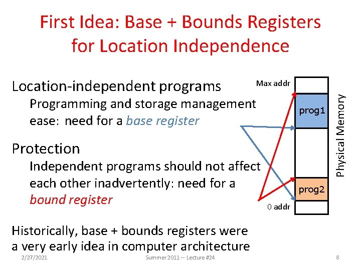 First Idea: Base + Bounds Registers for Location Independence Max addr Programming and storage