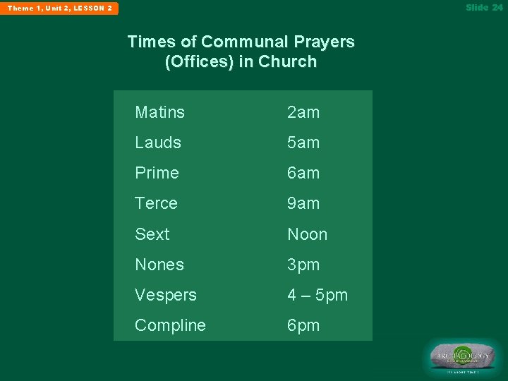 Slide 24 Theme 1, Unit 2, LESSON 2 Times of Communal Prayers (Offices) in