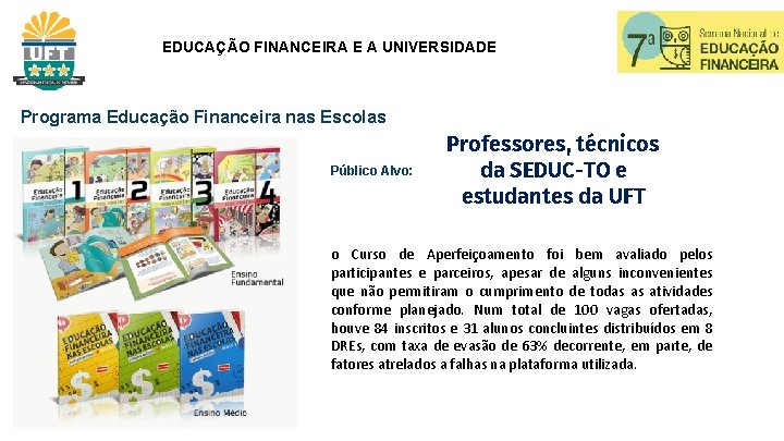 EDUCAÇÃO FINANCEIRA E A UNIVERSIDADE Programa Educação Financeira nas Escolas Público Alvo: Professores, técnicos